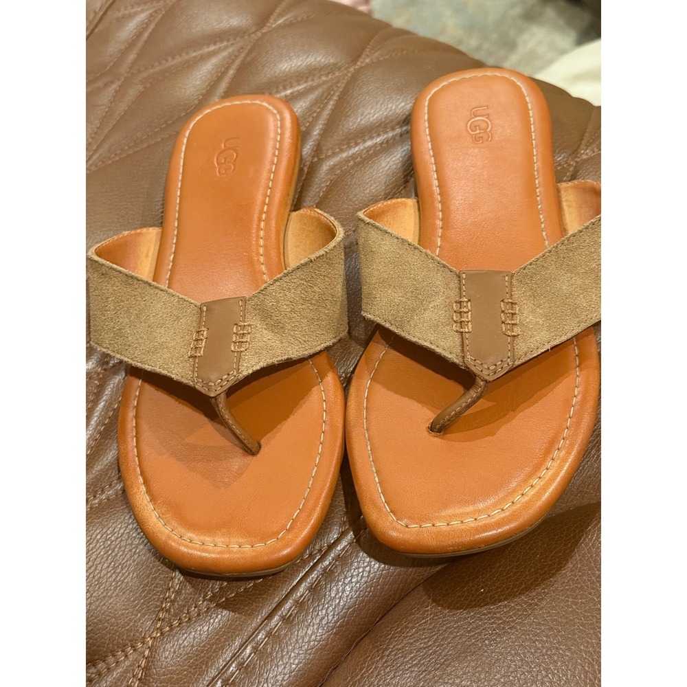 UGG Australia Womens Tan Suede Thong Sandals Chestnut Leather Flip Flops Flat